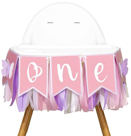 G2PLUS One Hochstuhl Banner Lila Rosa, Hochstuhl Banner 1. Geburtstag, One Hochstuhl Girlande mit Schmetterlinge, 1 Jahr Geburtstag Girlande für Schmetterlinge Thema Party, Baby Dusche