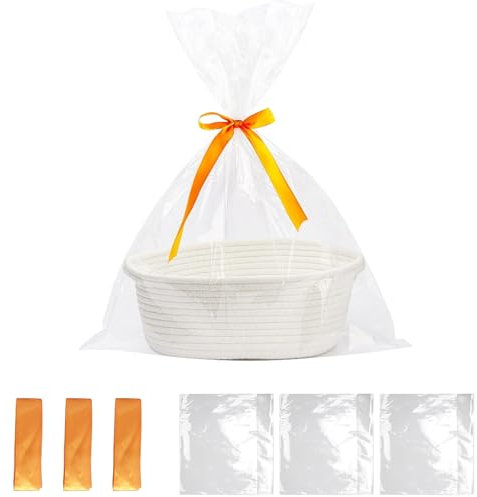 ACESOME Panier cadeau, vide, avec poignées, en corde de coton, avec sacs cadeaux transparents et nœuds pour fleurs, artisanat, blanc