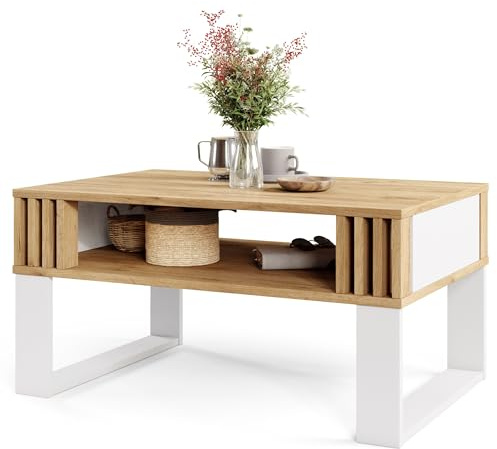 Viosimc Moderner Couchtisch mit Holzdekor-Lamellen, Rechteckiger Wohnzimmertisch mit Regal und Dekorativen Lamellen, Eleganter Zentraler Tisch für Wohnzimmer im Zeitgenössischen Design
