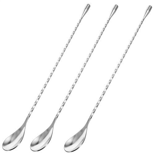 Lot de 3 cuillères de bar en acier inoxydable de 30 cm - Longue poignée - Cuillères à cocktail en spirale - Cuillères à cocktail argentées - Pour mélanger des cocktails - Pour mélanger des martinis,