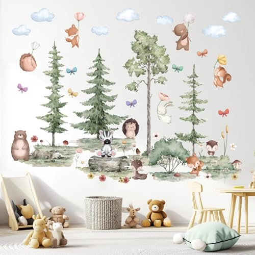 ANHUIB Wandaufkleber Baum Große Kiefer Wandtattoo Tiere Wandtattoo Wald XXL Wandsticker Kinderzimmer Jungen Wandbilder Kinderzimmer Tiere Bär Fuchs Wandsticker Babyzimmer Wohnzimmer Schlafzimmer Deko