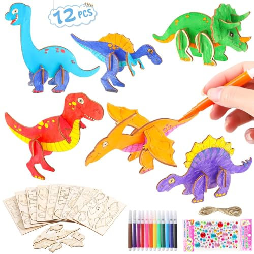 Seamart 12 Stück Dinosaurier Holz Bastelset für Kinder Drachen Geburtstag, 3D Puzzle Holz zum Bemalen, Basteln DIY Dino Holzbastelsets Kreative Kinderspielzeug Bemalen Handwerk für Jungen Mädchen