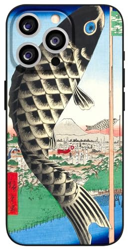 Berkin Arts Compatible with iPhone 14 Pro Case Silicone Cover with Screen Protector Japanese Style Koi and Landscape Ukiyo-e (Koi Nobori by Utagawa Hiroshige)