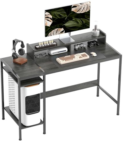 HOMCOM Escritorio Moderno Mesa de Escritorio con Estantes Laterales Soporte para Monitor Ajustable y Estructura Móvil Mesa de Ordenador para Oficina Estudio 120x48x85,5 cm Gris Carbón