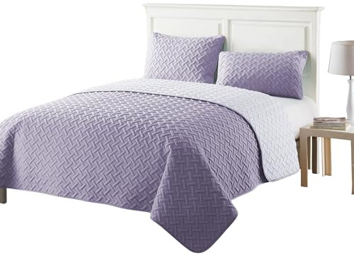 Luxury Quilted Bedspread Set – 3 Piece Reversible Coverlet with Matching Pillowcases | Large Sofa Throw Blanket Bedding Cover | Easy Care (Purple, King, Basket Weave)