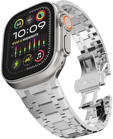 SAAWEE Correa de acero inoxidable para Apple Watch Ultra 2 Band 49 mm 45 mm 44 mm 42 mm, correa de metal con cierre plegable para Apple Watch Series 9 8 7 6 5 4 3 2 1 Ultra/Ultra 2 Men(AP-Silver)