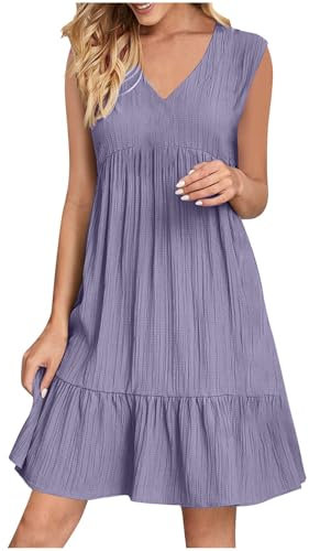 HAOLEI Robe De Soiree Femme Chic Elegant Col V san Manches éTé BohèMe Tunique Robe Ample A-Line Mi-Longue Dress Grande Taille DéContractéE Robes Unie Taille Haute Robes pour FêTer Vacances Plage