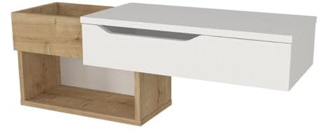 Vente-unique-Console Suspendue avec 1 tiroir et 2 niches - Naturel et Blanc - DAREKA