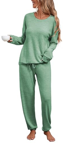Famulily Ladies Pyjamas Set Solid Color Long Sleeve Pj Set Round Neck 2 Piece Outfits Cozy Sleepwear Sets Green M