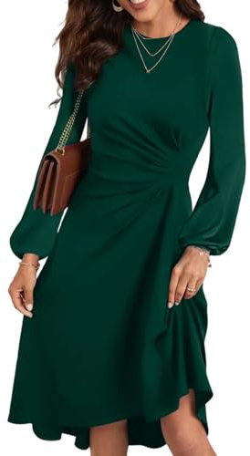 HUXRAKV Wedding Guest Dress for Women Chic Pleated Waist Swing A-Linie Prom Dress Elegant Long Sleeve Winter Evening Party Cocktail Dresses,42-Green,XL