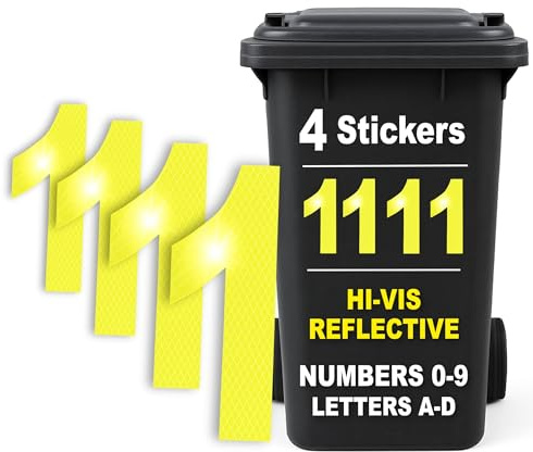 Rubigo 4PK Hi Vis Bin Numbers for Wheelie Bins – 0-9, Letters A-D, 17cm Reflective Dustbin Stickers – Easy Application Neon Yellow Stick On Number Stickers - Weatherproof Self Adhesive Vinyl (1)