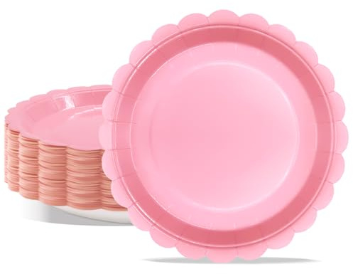 PYAILI 50 Assiettes en Carton - Set Anniversaire 23cm (Bord Crénelé Rose Clair) pour Fêtes de Fin d'Année, Nouvel An et Anniversaires