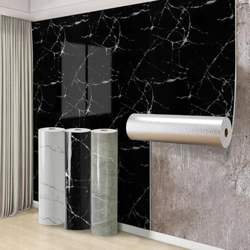 Swehooirt 5 Roll Self Adhesive Thermal Wallpaper 2.3mm Thick Black Marble Vinyl Peel and Stick Wallpaper for Bad Cold Walls Insulating Wall Covering Roll Waterproof Damp Proof Kitchen Bathroom