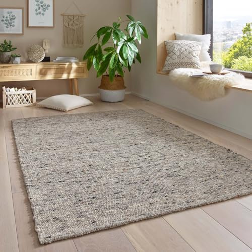 Taracarpet Gewalkter Wollteppich Lambrecht Handgewebt Wohnzimmer – Handwebteppich Schurwolle – Webteppich Wolle Natur für Schlafzimmer, Esszimmer, Küche Grau meliert 300 x 390 cm