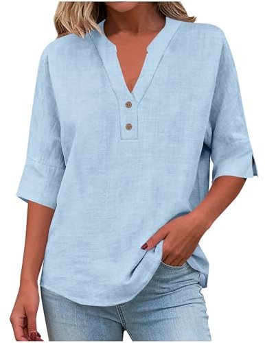 Chemise Femme Coton Et Lin Chemises Lin Manches 3/4 Col V Boutonné Top Henley Chemise Couleur Uni Lâche Respirant T-Shirts Tunique Femmes Chic Et Elegant Léger Blouse Grande Taille