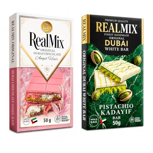REALMIX Chocolat de Dubaï - Tablette Dubai Fabriquée aux U.A.E (Chocolat Blanc 50g + Rose 50g)