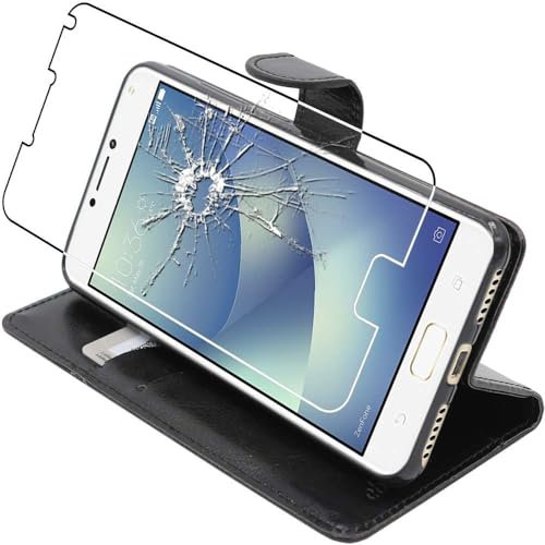 ebestStar - Coque Compatible avec ASUS Zenfone 4 Max ZC554KL (Pro, Plus) Etui PU Cuir Housse Portefeuille Porte-Cartes Support Stand, Noir + Film Verre Trempé [Appareil: 154 x 76.9 x 8.9mm, 5.5'']