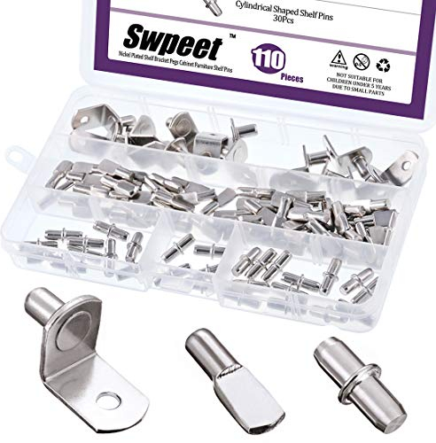 Swpeet Kit de 110 broches d'étagère plaquées nickel, 3 styles, en acier inoxydable, argenté, jusqu'à 6 mm de diamètre, type goupille, comprend support, bobine, chevilles cylindriques
