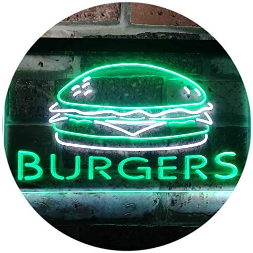 Hamburgers Burgers Fast Food Shop Open Dual Color LED Barlicht Neonlicht Lichtwerbung Neon Sign Weiß & Grün 400 x 300mm st6s43-i3149-wg