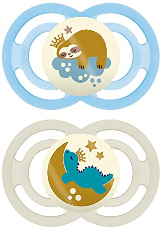 MAM Perfect Night Baby Pacifier, Patented Nipple, Glows in the Dark, 2 Pack, 16+ Months, Blue/Boy