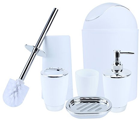 Lot d‘Accessoires Salle de Bains et WC 6 Pièces Accessoires de Bain en Résine Distributeur de Savon, Porte Savon, Gobelet, Poubelle, Brosse WC, Porte Brosse à Dents (Blanc)