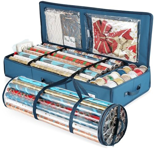 Hearth & Harbor Aufbewahrungsbehälter – Weihnachts-Aufbewahrungstasche mit Innentaschen 22 Rollen à 101,6 cm – reißfester Geschenkpapier-Organizer, Polyester, stahlblau, 40