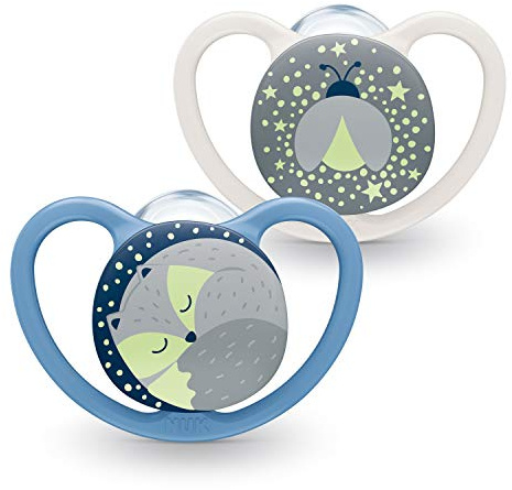 NUK Space Night Baby Dummy, 0-6 Months, Glow-in-the-Dark Soothers with Extra Ventilation, BPA-Free Silicone, Fox & Firefly, 2 Count