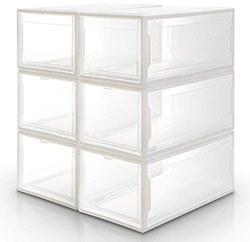 Yorbay 6er Set, Schuhbox Schuhregal, stapelbarer Schuhorganizer, Kunststoffbox mit durchsichtiger Tür, Mehrweg Schuhaufbewahrung, für Schuhe bis Größe 48, Weiß