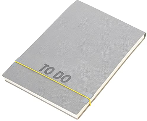 TROIKA Notizblock to do Pad, im DIN A5- Format, in der Farbe grau, aus mattem Kunstleder, mit 88 perforierte Blätter, gedrucktes Lineal auf Deckblatt, elastische gelbe Kordel als Verschluss, NTD25/GY