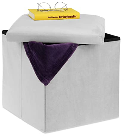 Relaxdays Sitzhocker, Sitzwürfel mit Stauraum, HxBxT: 38 x 38 x 38 cm, faltbar, Polsterhocker aus MDF & Samt, hellgrau