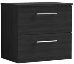 nuie ARN624W Arno Modern Bathroom Wall Hung 2 Drawer Vanity Unit with Colour Worktop, 600mm, Woodgrain Charcoal Black