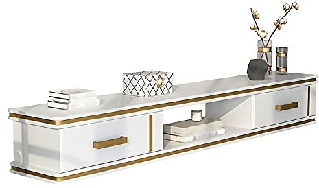 Schwebender TV-Schrank, Massivholz-TV-Schrank zum Aufhängen mit Kabelmanagement, für Schlafzimmer, Wohnzimmer, Aufbewahrung von Kabelboxen, Spielekonsolen/Weiß / 140 cm