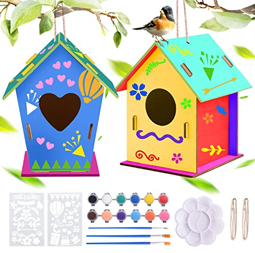 Aohcae 2 Stück Vogelhaus Bausatz Kinder, Vogelhaus DIY Kinder Vogelhaus zum Bemalen Vogelhaus Selber Bauen Bastelset Holz Kinder Vogelhaus für Kinder Geschenke für Mädchen Jungen