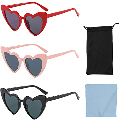 LSYYSL 3 occhiali da sole retrò a forma di cuore con 1 panno per occhiali nero e 1 custodia per occhiali nera, occhiali da sole da festa neri rossi rosa, occhiali da sole Cat Eye