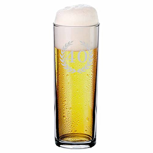 LUXENTU Bicchiere da birra con incisione, in vetro di Kölsch/asta di Colonia con taratura da 0,2 litri e corona di alloro incisa con numero, regalo per 40° compleanno/anniversario, lavabile in