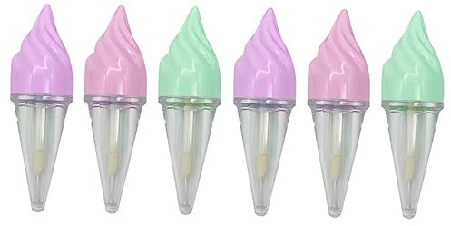 FRCOLOR 6Pcs Cute Ice Cream Shaped Lip Gloss Tubes with Applicator Wands Refillable Clear Lip Balm Containers for Women Girls DIY