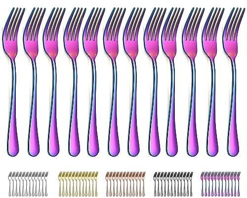 Evanda Fourchette de Table Arc-en-Ciel 12 pièces 20,5cm, fourchettes à dîner Arc-en-Ciel en Acier Inoxydable plaqué Titane, fourchettes à gâteau, faciles à Nettoyer