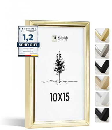 Heimlich® – Bilderrahmen – 10x15 cm, Aluminium-Metall, Gold – Kleine Bilderrahmen mit Folienabdeckung – Wandmontage oder Tischaufsteller