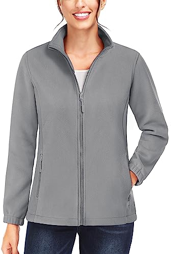 TACVASEN Damen Fleecejacke mit Durchgehendem Reißverschluss Leichte Fleece Jacke Outdoor Sweatjacke für Frauen Winter Wandern Hellgrau 2XL