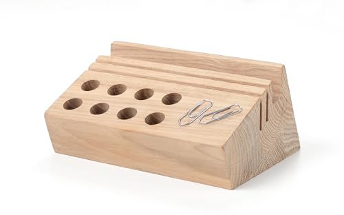 Schreibtisch Organizer – HOLZWEG PEN STAND – 8 Löcher für Stifte, Brieföffner – 1 breite Nut als Smartphone Halterung, 2 Schlitze für Karten, Fotos – echtes Eichenholz – braun – TROIKA Original