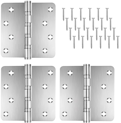 Qtanber Ball Bearing Door Hinges 4 inch x 4 inch 304 Stainless Steel Door Hardware 3 Pack 1/4-inch Radius Corner Door Hinges Interior Exterior Heavy Duty Hinges (Silver, 3 Pack)