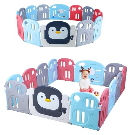 Baby Laufstall 200x180 cm, Laufgitter Baby, Krabbelgitter Erweiterbar, Indoor & Outdoor Playpen, Kleinkinder Laufställe, Kunststoff Absperrgitter, 14 Paneele, Bunt