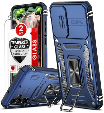 LeYi Coque pour Samsung A05S(Pas A05) Antichoc avec Protection Caméra Coulissante,2*Verre Trempé,Étui de PC Dur et TPU Silicone Militaire Anti-Rayures Coque Samsung Galaxy A05S Anneau-Bleu