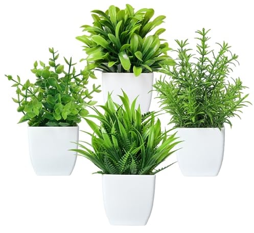 Canirologas Lot de 4 petites plantes artificielles d'intérieur en pot en plastique - Ornements décoratifs créatifs pour décoration, bibliothèque, balcon, bureau, salle de bain (blanc)