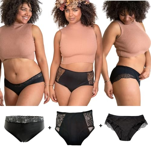 Oséclore Lot de 3 Culottes Menstruelles Ultra Absorbantes - Flux Abondants - Règles - Fuites Urinaires - Lavables et Réutilisables - Coton Bio Oeko TEX - Pochon de Lavage - (Pack Trio Dentelle - L)