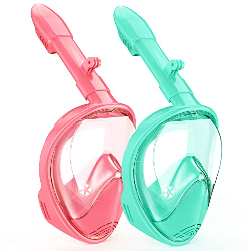 LITTLEJSY Vollgesichts Schnorchelmaske, Schnorchelausrüstung mit Kamerahalterung, 180 Grad Panoramablick Schnorchelset Anti-Fog Anti-Leck für Kinder Jungen (Cyan+Pink)