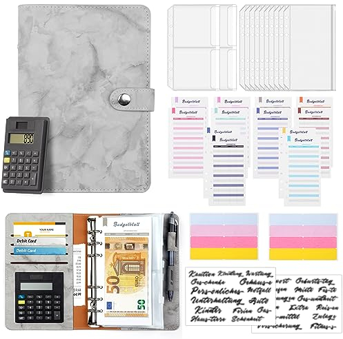 Budget Planner Deutsch mit Taschenrechner A6 Budget Binder Cash Stuffing Finanzplaner Sparchallenge Budgetplaner Geld Organizer Sparbuch Geldplaner Haushaltsbuch mit Geldfächer (Marmor Grau)