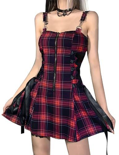 DINGJIUYAN Gothic Mini Plaid Dress Plus Size Elegant Corset Dresses Sleeveless Lace up Ruffled Casual Streetwear Dress Red XL