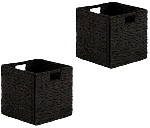 Korb CAO 2er Set, schwarz - Handgefertigte Körbe aus Wasserhyazinthe, faltbar mit robusten Griffen. Regalkorb, Aufbewahrungskorb. Vielseitig für Schlafzimmer, Büro, Wohnzimmer. Praktisch, Dekorativ.