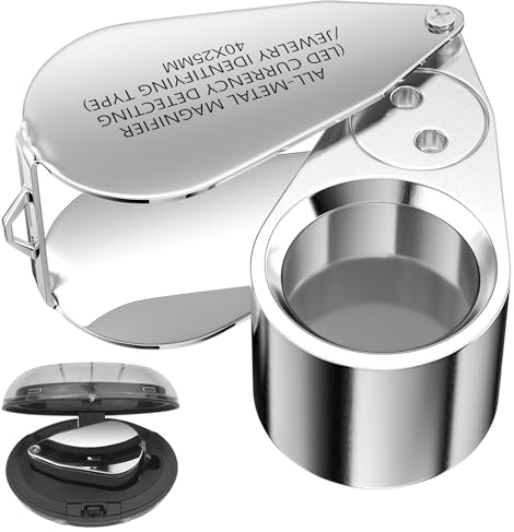 Uootach Juwelierslupe, Juwelier Lupe LED Metall 40-fache Vergrößerung, Faltbare Lupe mit UV und Heller LED, Taschenlupe Geeignet für Kunsthandwerk, Schmuck, Karten, Stempel, Text, Antiquitäten